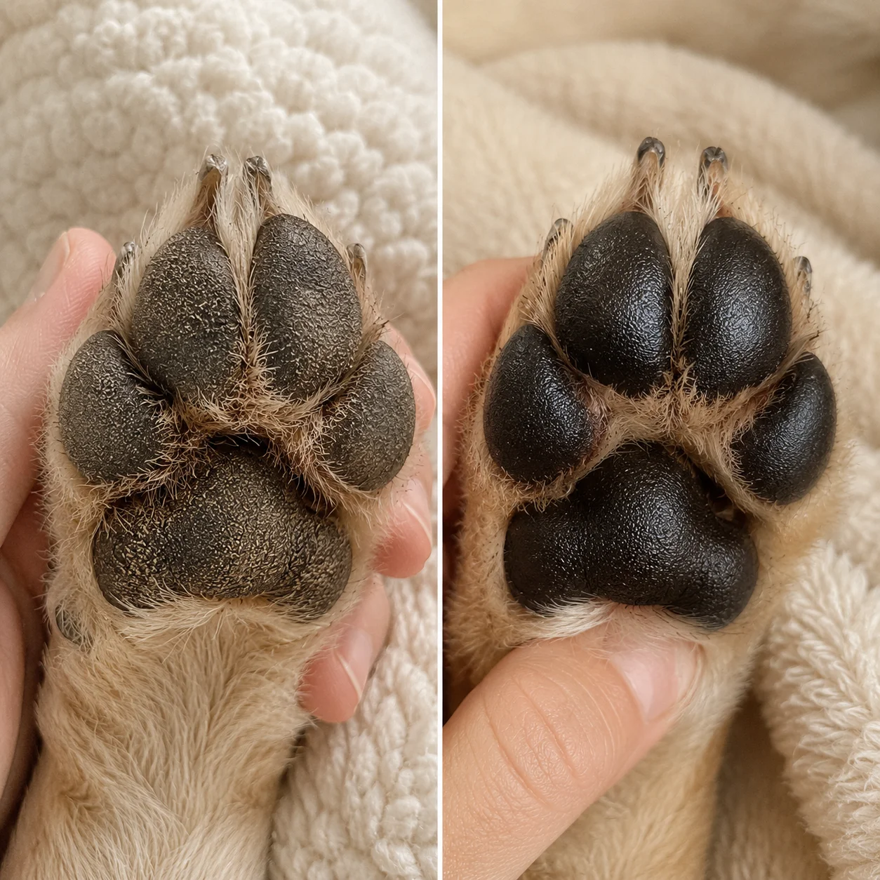 Before and after dog paw care result showing dry rough paws becoming smoother