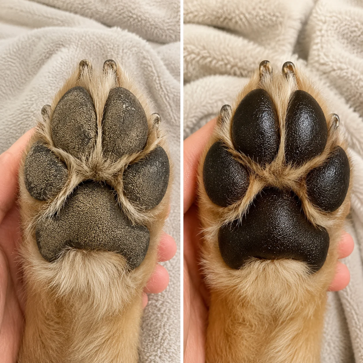 Before and after dog paw care result with softer looking paw pads
